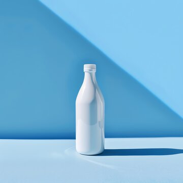 White bottle, bright blue backdrop with shade, photo realistic, eye-level shot, minimal design, soft shadows