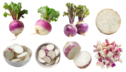 Turnip turnips root vegetable, many angles and view side top front basket pile slice isolated on transparent background cutout, PNG file. Mockup template for artwork graphic design