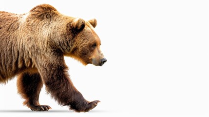 Obraz premium A majestic brown bear stands tall, showcasing its powerful form against a clean white backdrop, emphasizing its strength and beauty.