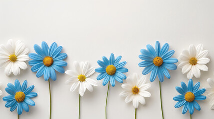 Obraz premium Elegant white and blue Daisy flower border frame on seamless white background for greeting cards or invitations.
