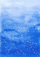 Blue gradient abstract watercolor winter background with snow falling, hand-drawn illustration. An element for banners, wallpapers, designs with text, and Christmas holidays. Flying snowflakes.