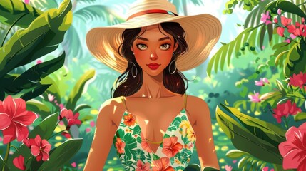 Cute cartoon woman in a floral dress, wearing a sun hat, standing in a blooming garden, vibrant colors, 2D illustration