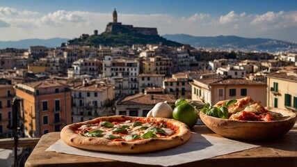 Roman pizza against the backdrop of the Ancient City. Italian traditional pizza