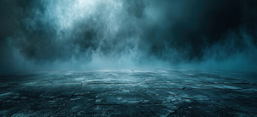 Fototapeta premium Dark Empty Background with Fog and Cracked Floor. Blue Light Illuminating the Scene. Ideal for Product Presentation, Banner, or Poster. Mysterious and Atmospheric Setting.