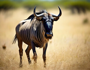 wildebeest in the wild. looks at the camera.