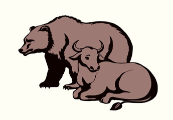 Vector drawing. Cute big cow with bear