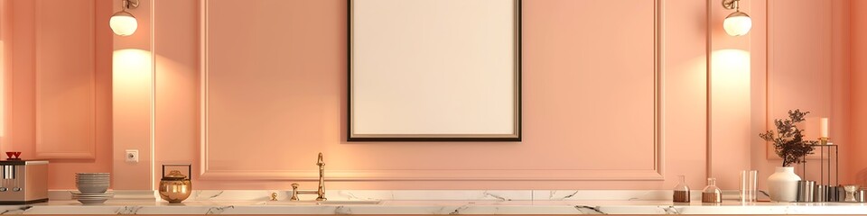 Elegant kitchen with a soft peach color scheme, blank mockup frame on the wall, marble countertops, and sophisticated lighting.