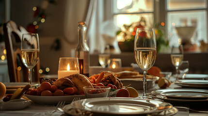 Festive Dinner Table Setting With Wine Glasses and Roast Chicken