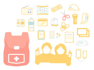 防災用品　防災グッズ　非常用グッズ　アイテム　イラスト　セット