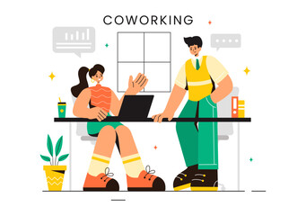 Vector Illustration of a Coworking Business with Colleagues Talking, Meeting, and Working in a Flat Style Cartoon Office Background