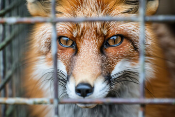 Fox farm. Production of elite fur. Animal in a cage. Orange fox in a cage look through the bars