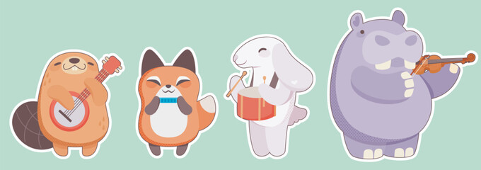Cute childish animal music band. Cartoon vector set of wild creatures musicians - beaver with guitar, fox with harmonica, rabbit with drum and hippo with violin. Performance zoo artists group.