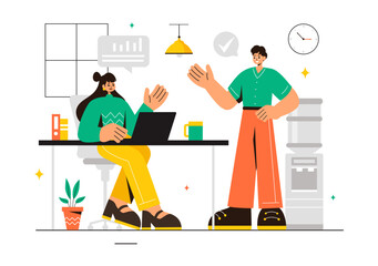 Vector Illustration of a Coworking Business with Colleagues Talking, Meeting, and Working in a Flat Style Cartoon Office Background