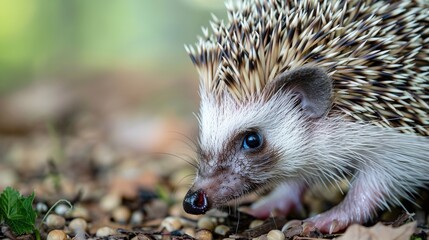 A close-up view of a hedgehog exploring its natural habitat, showcasing its unique quills and curious expression amidst the foliage.