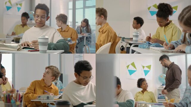 Split screen of diverse teenage children sitting at desks in classroom writing, completing challenging tasks and fooling around during lesson. Male Caucasian teacher assisting educational process