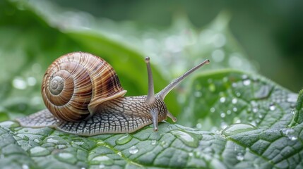Close-up of a snail on a green leaf, showcasing its delicate shell and the fresh dew droplets surrounding it.