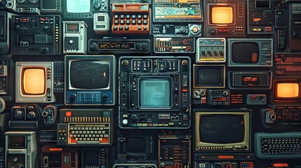 Fototapeta premium A visually striking image that combines elements of a time machine with various iconic, yet now considered outdated, tech tools and software.