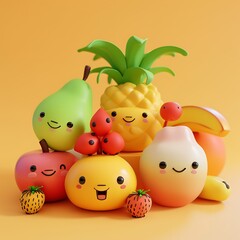 A Group of Smiling 3D Fruit Characters