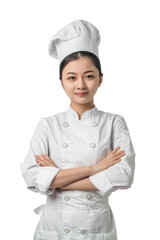 Confident young female chef in white uniform, cut-out isolated on transparent background