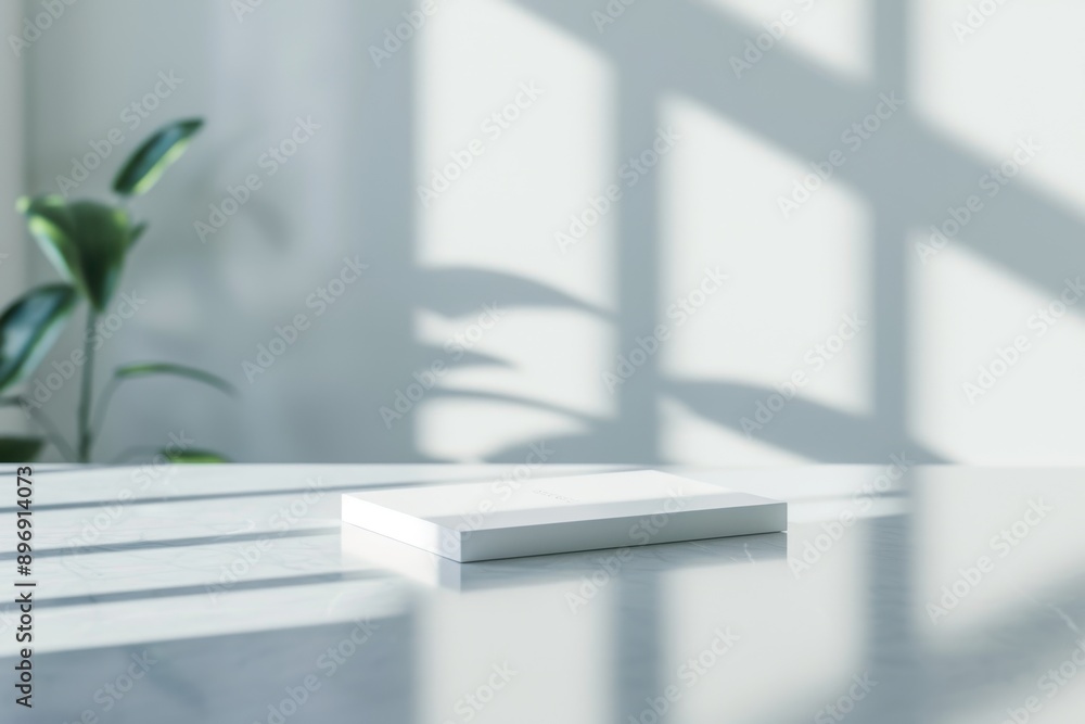 Poster a minimal 3d rendering of a business card with a subtle logo, placed on a clean, reflective surface