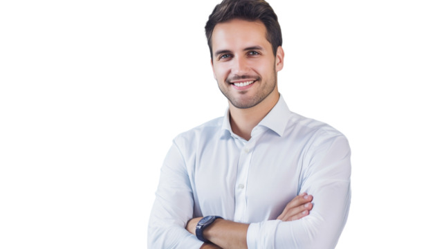 Portrait of handsome smiling young man with folded arms. Laughing joyful cheerful men with crossed hands on transparent background.
