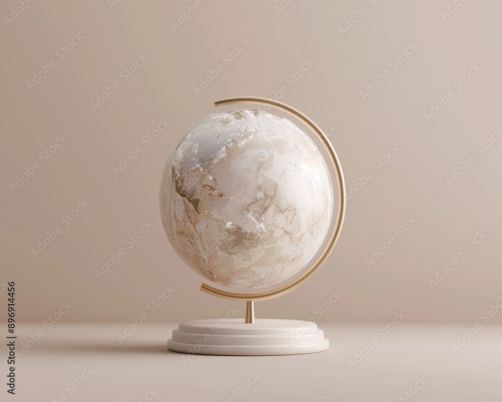 Poster a minimal 3d rendering of a globe on a stand, shown in a soft color scheme with no additional detail