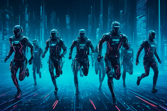 Computer code is polymorphic in the form of running and flying men in the cyberpunk style. Generative AI