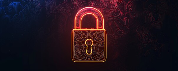 Digital neon lock icon on abstract dark background, cybersecurity concept