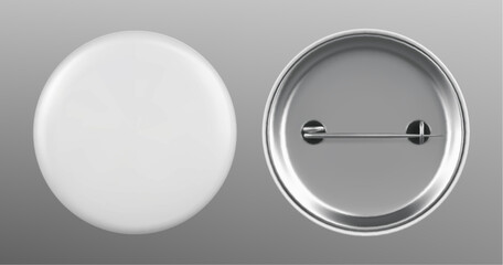 White blank round pin button vector mockup template. 3d realistic promotional metal badge design. Office tag for name mock up. Brooch sign emblem souvenir. Clean merchandise label item graphic