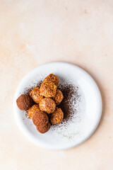 Brigadeiro, a Brazilian chocolate candy. Traditional Brazilian handmade chocolate candy. Set of gourmet chocolate truffles