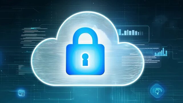 A cloudshaped data bank surrounded by a shield with a lock symbol emphasizing the secure nature of cloud storage and transfer.