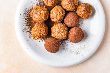 Brigadeiro, a Brazilian chocolate candy. Traditional Brazilian handmade chocolate candy. Set of gourmet chocolate truffles