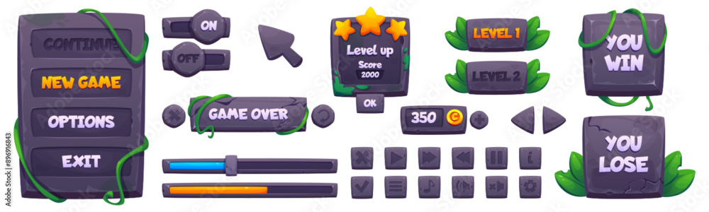 Poster game ui design kit of borders, plates and buttons with stone texture and jungle liana vines and gree