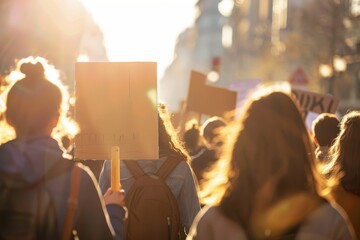 Fototapeta premium Sunlit Protest with Youth Holding Signs