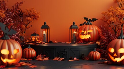 Festive 3D render of a Halloween-themed product podium, adorned with carved pumpkins and lanterns