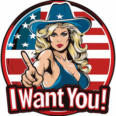 A modern patriotic logo featuring a beautiful blonde woman in an Uncle Sam outfit, pointing and saying "I want you," with an American flag background.