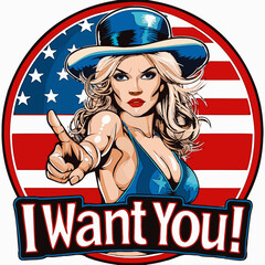 A modern patriotic logo featuring a beautiful blonde woman in an Uncle Sam outfit, pointing and saying "I want you," with an American flag background.
