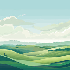 Green Hills Landscape Watercolor Vector Illustration.