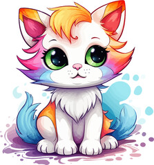 Cute Kawaii Cat Watercolor Illustration Vector.