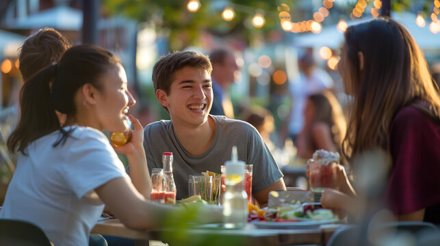 Young Adults Enjoying a Meal at an Outdoor Restaurant in the Evening