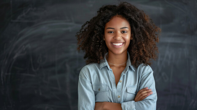 Young happy pretty smiling African American teacher happy confident positive female in front of a school classroom blackboard smart student learning back to school background - Powered by Adobe