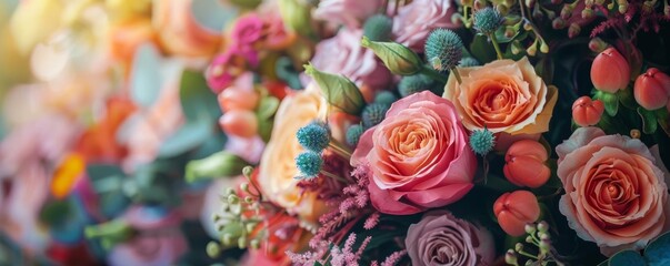 Fototapeta premium Close-up of a pleasant bouquet with a delightful smell, vibrant blooms and lush greenery, warm and inviting ambiance