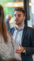 A male consultant tells clients about the goods and services of the store. A man in a business suit is talking to people