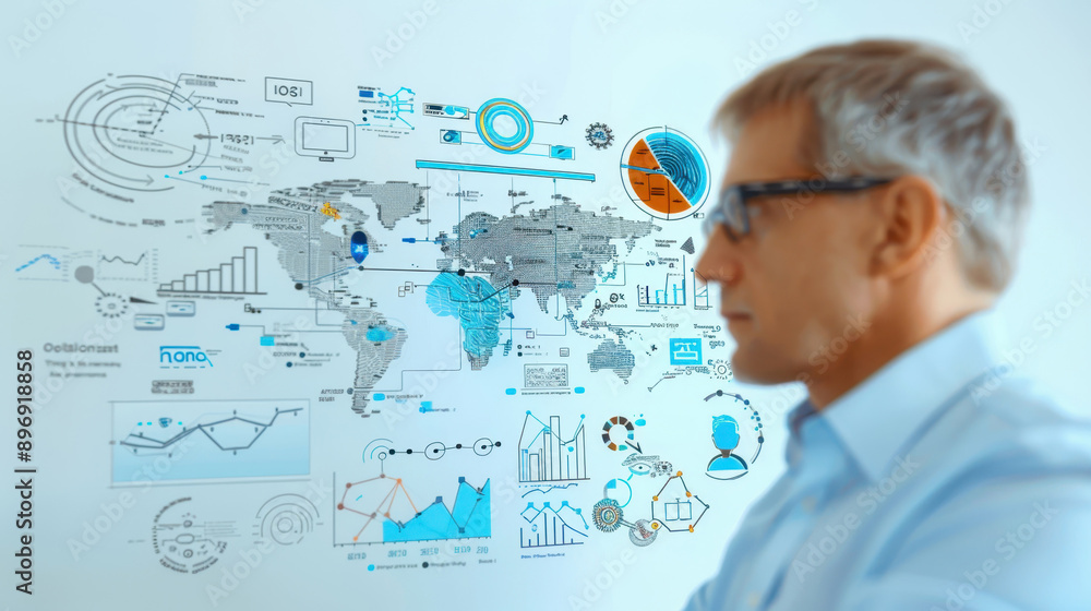 Poster businessman analyzing data visualization charts and graphs on a transparent board, focused on busine
