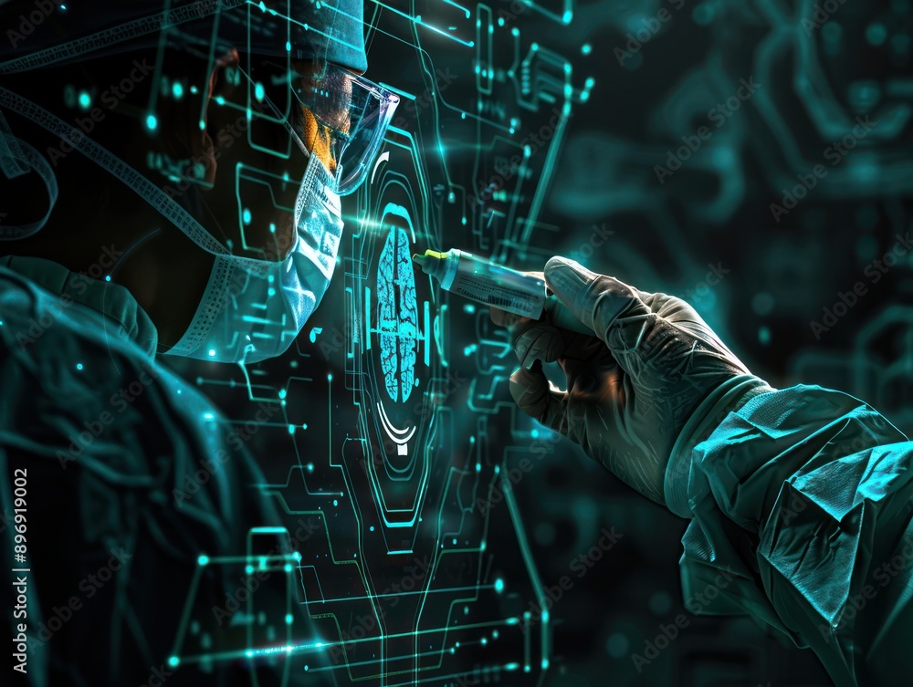 Poster futuristic surgeon using advanced technology in a digital interface