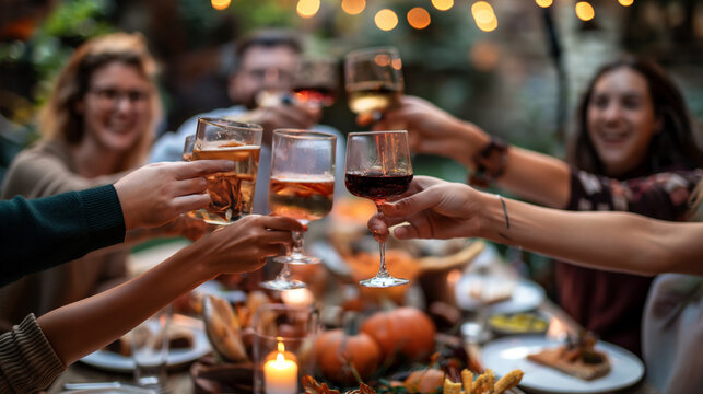 Friends Toasting With Wine During Outdoor Dinner Party