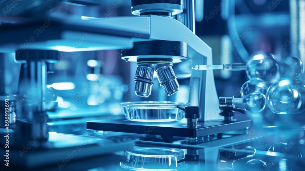 Aufkleber advanced microscope with lab glassware, focus on scientific research and development in a high-tech 