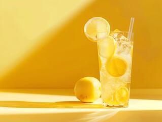 Refreshing glass of lemonade with lemon slices in a bright yellow background, highlighting a vibrant summer vibe.