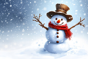Fototapeta premium Illustration Happy snowman in a winter wonderland with sunshine, falling snow creates a festive scene. Christmas card