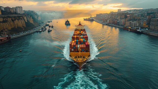 cargo ship with containers on the sea is sailing under an overpass, drone view from above